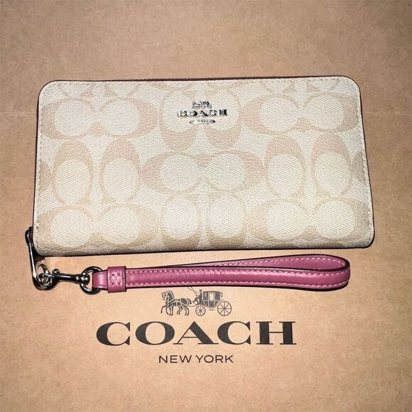 Coach Handbags - COACH Wallet Wristlet Credit Card Holder Zip-Around Wallet Khaki/Pink AUTHENTIC